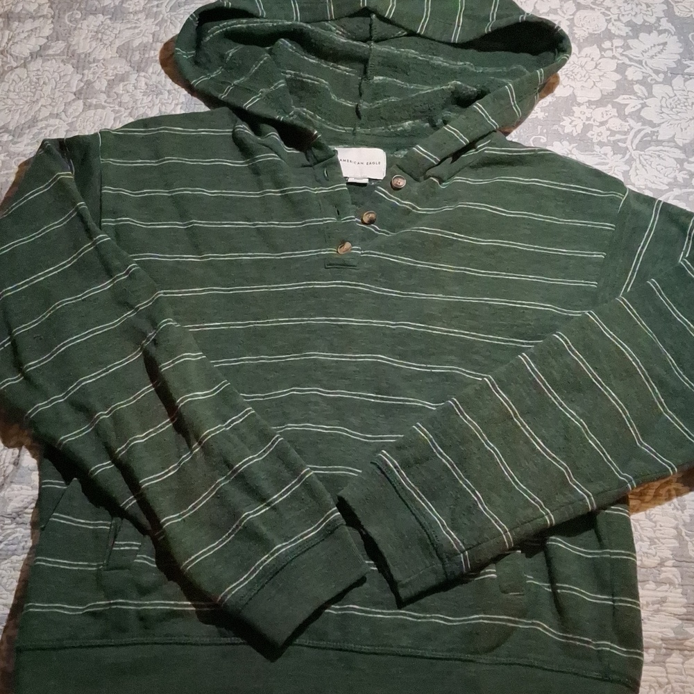 American Eagle Outfitters Green Striped Hooded Pullover